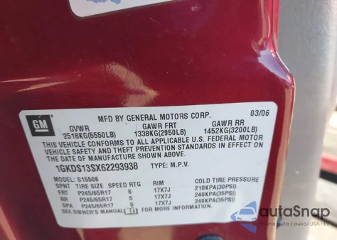 2006 GMC Envoy Slt из США, поврежденный, VIN 1GKDS13SX62293938